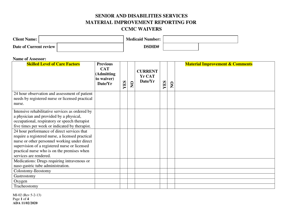 Form MI-02 Material Improvement Reporting for Ccmc Waivers - Alaska, Page 1