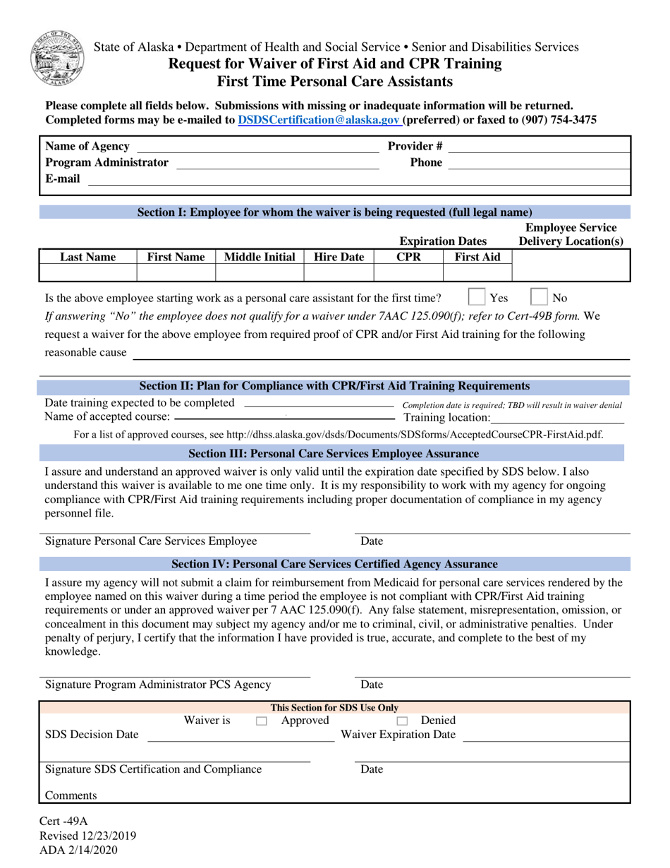 Form CERT-49A Request for Waiver of First Aid and Cpr Training First Time Personal Care Assistants - Alaska, Page 1