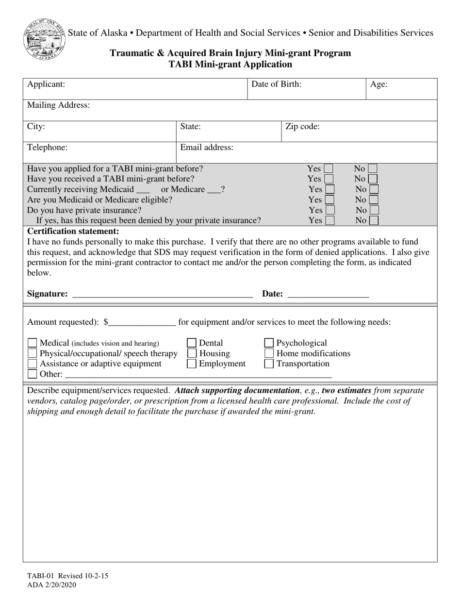 Form TABI-01 Tabi Mini-Grant Application - Alaska, Page 1