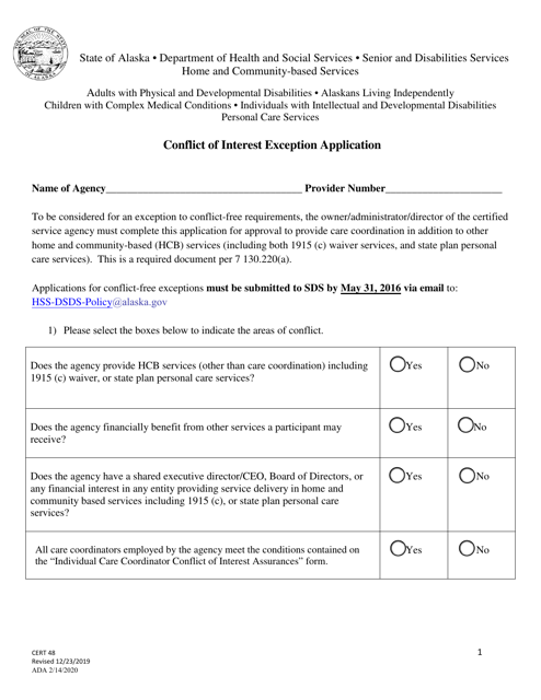 Form CERT-48 Conflict of Interest Exception Application - Alaska