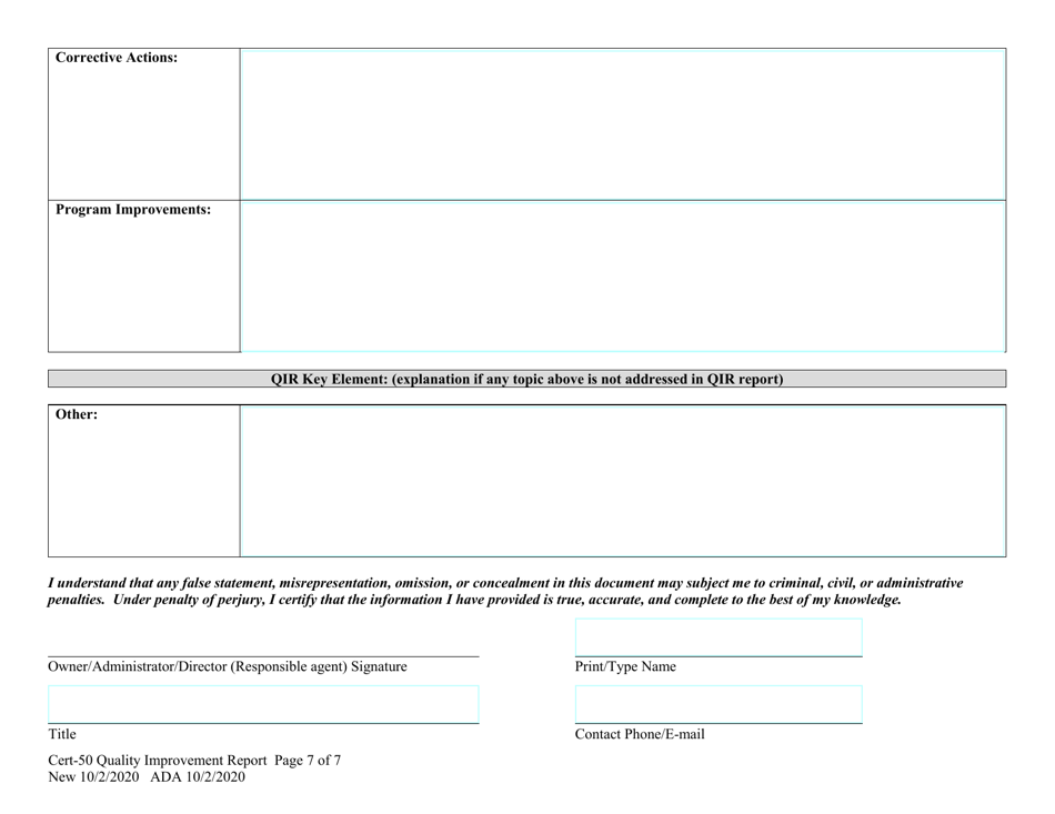 Form CERT-50 Quality Improvement Report (Qir) - Alaska, Page 7