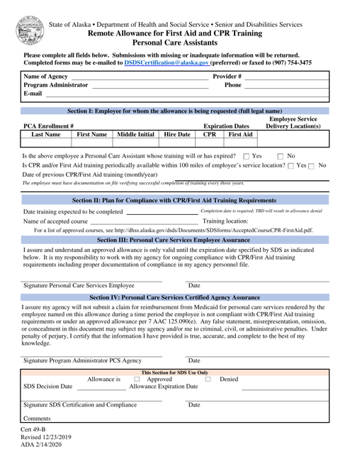 Form CERT-49-B Remote Allowance for First Aid and Cpr Training Personal Care Assistants - Alaska