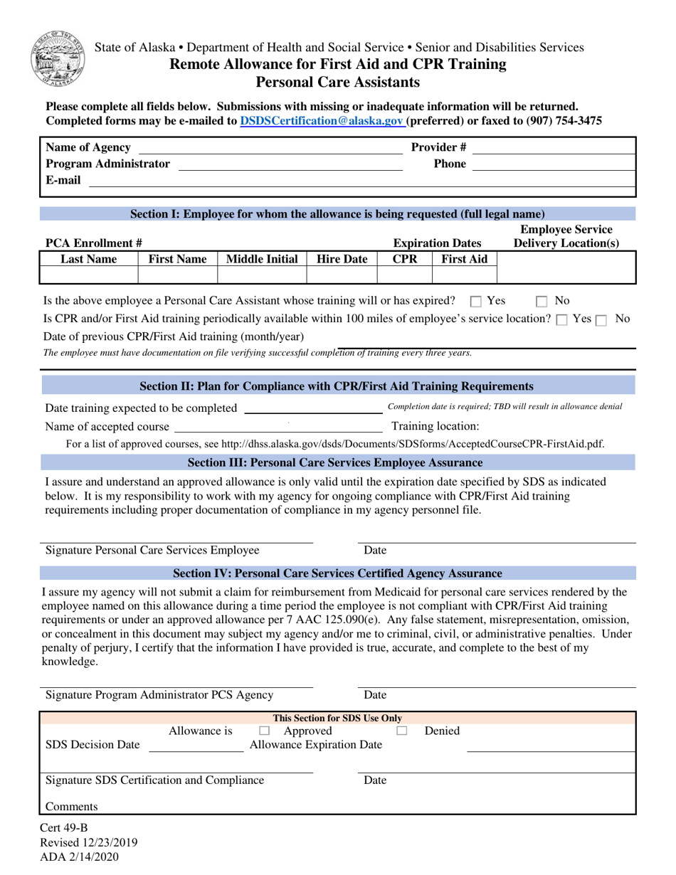 Form CERT-49-B Remote Allowance for First Aid and Cpr Training Personal Care Assistants - Alaska, Page 1