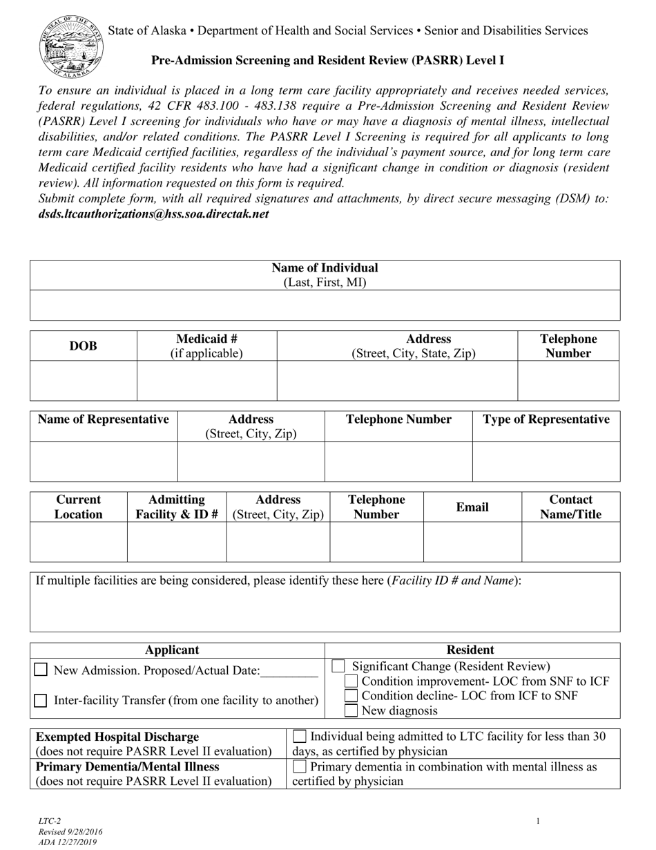Form LTC-2 Pre-admission Screening and Resident Review - Alaska, Page 1