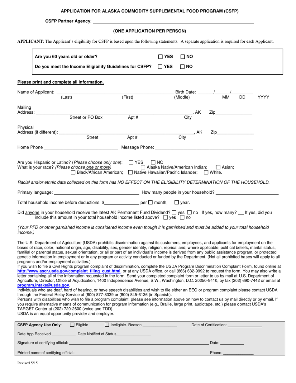 Application Foralaska Commodity Supplemental Food Program (Csfp) - Alaska, Page 1