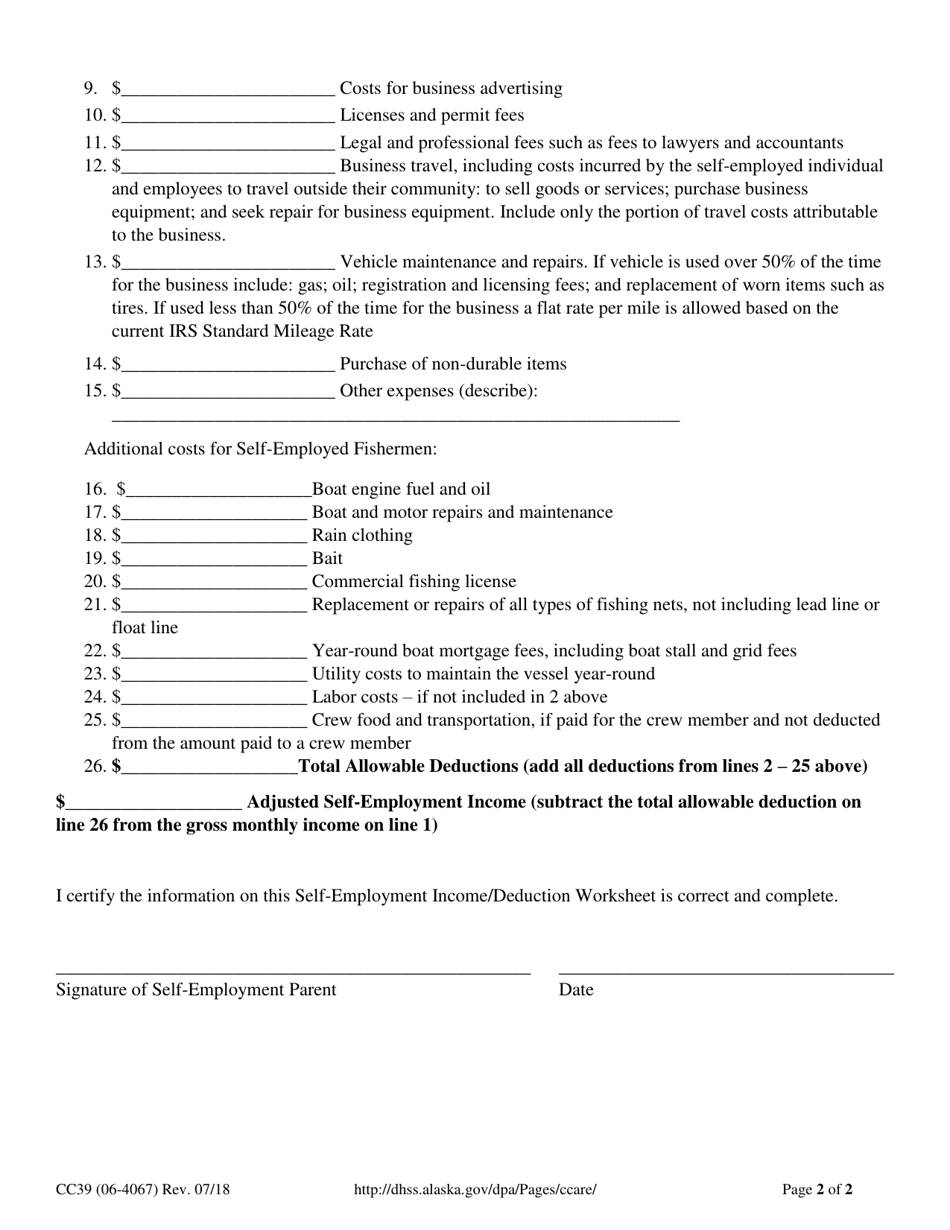 Form CC39 Self-employment Income / Deduction Worksheet - Alaska, Page 2
