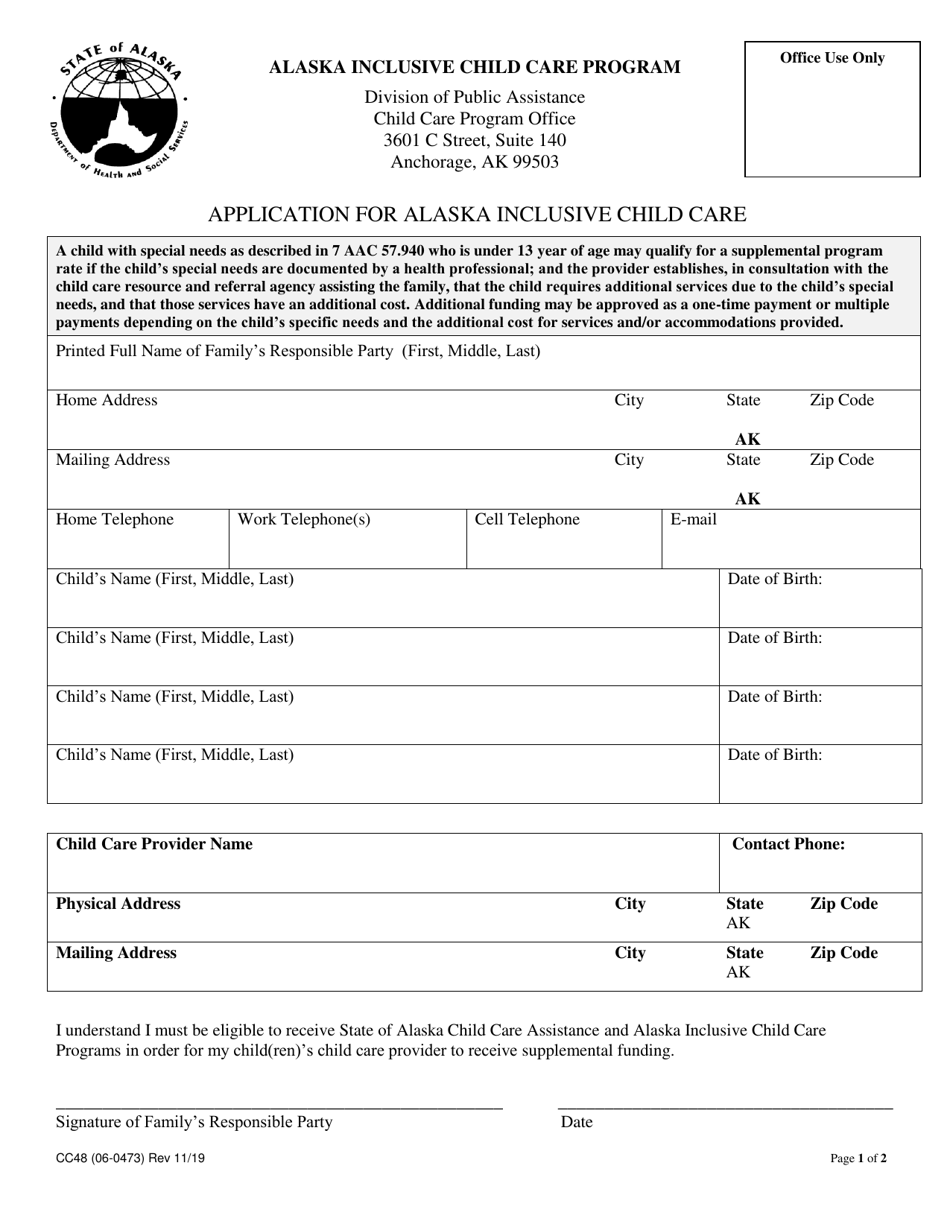 Form CC48 Application for Alaska Inclusive Child Care - Alaska, Page 1