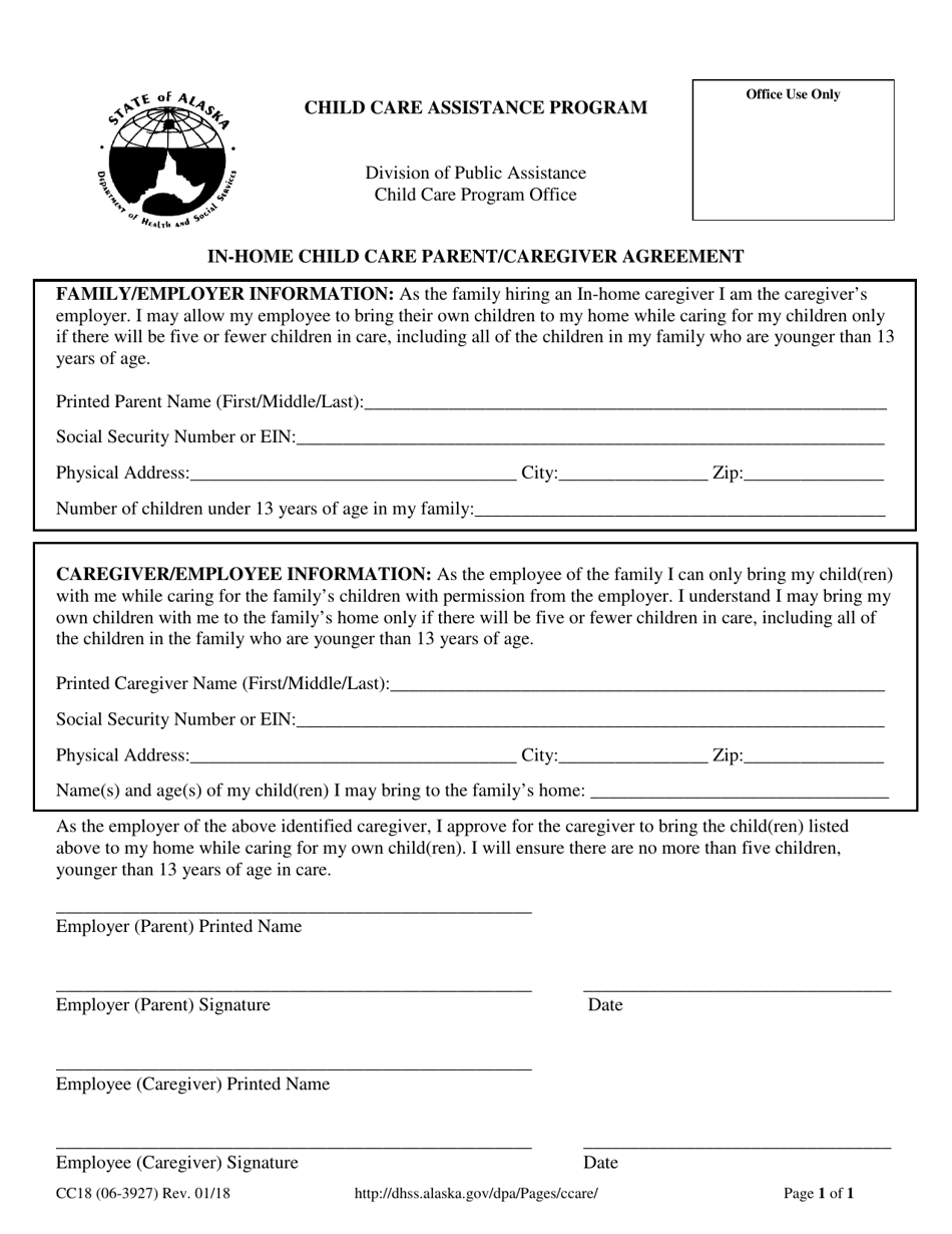 Form CC18 In-home Child Care Parent/Caregiver Agreement - Alaska, Page 1