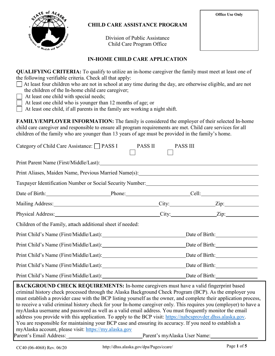 Form CC40 In-home Child Care Application - Alaska, Page 1