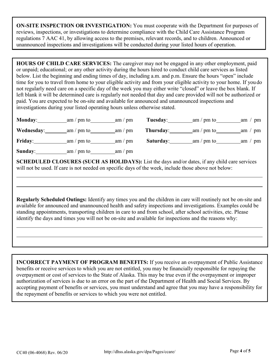 Form CC40 In-home Child Care Application - Alaska, Page 4