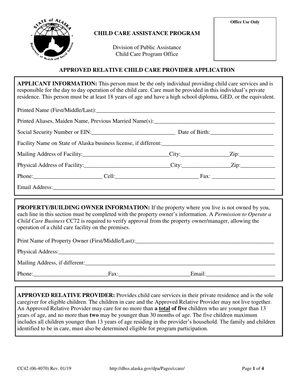 Form CC42 Approved Relative Child Care Provider Application - Alaska, Page 1