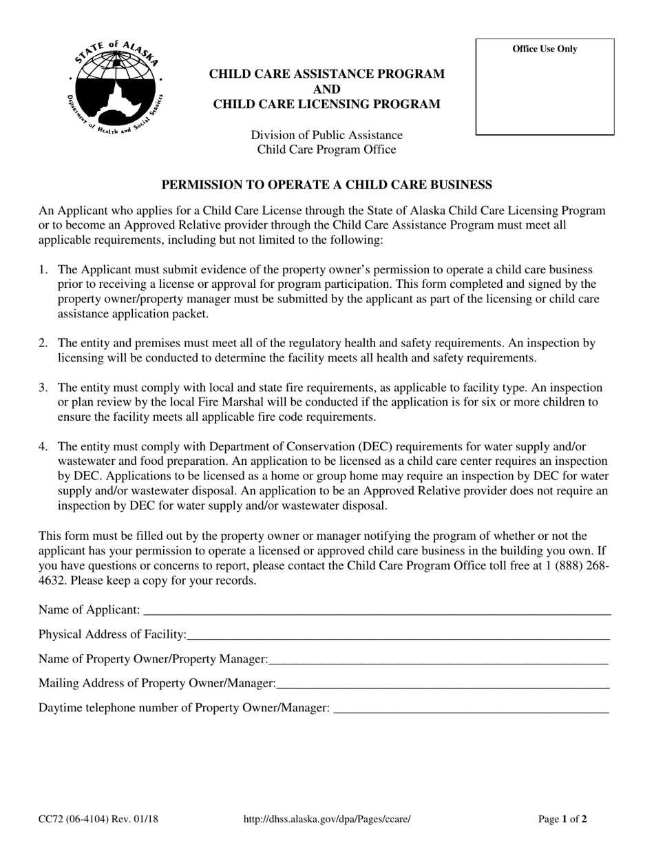 Form CC72 Permission to Operate a Child Care Business - Alaska, Page 1