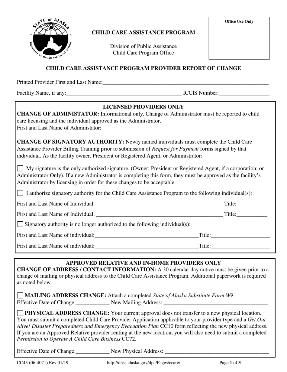 Form CC43 Child Care Assistance Program Provider Report of Change - Alaska, Page 1