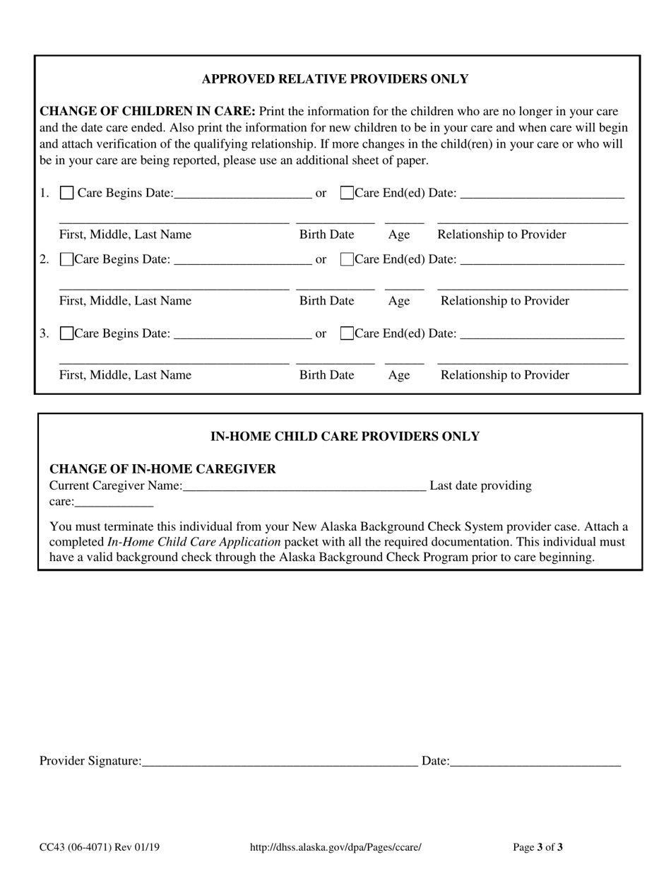 Form CC43 Child Care Assistance Program Provider Report of Change - Alaska, Page 3