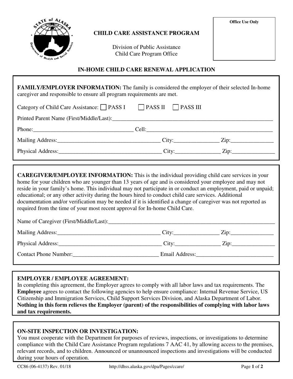 Form CC86 In-home Child Care Renewal Application - Alaska, Page 1