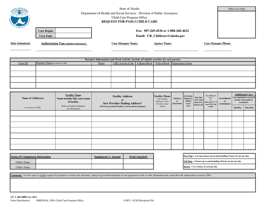 Form CC1 Request for Pass I Child Care - Alaska, Page 1