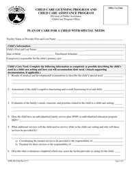 Form CC89 Plan of Care for a Child With Special Needs - Alaska