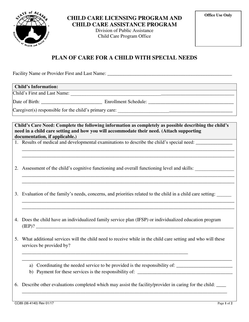 Form CC89 Plan of Care for a Child With Special Needs - Alaska, Page 1