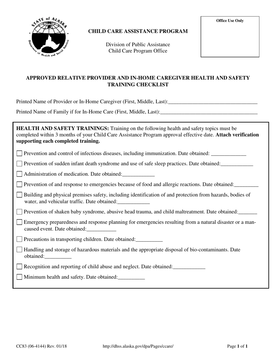 Form CC83 Approved Relative Provider and in-Home Caregiver Health and Safety Training Checklist - Alaska, Page 1
