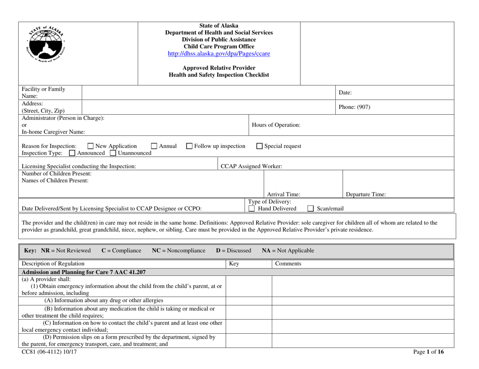 Form CC81 Approved Relative Health and Safety Inspection Checklist - Alaska, Page 1