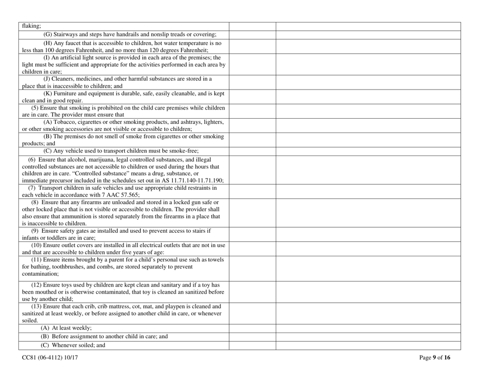 Form CC81 Approved Relative Health and Safety Inspection Checklist - Alaska, Page 9