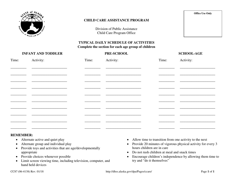 Form CC87 Typical Daily Schedule of Activities - Alaska, Page 1