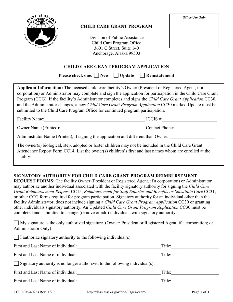 Form CC30 Child Care Grant Program Application - Alaska, Page 1