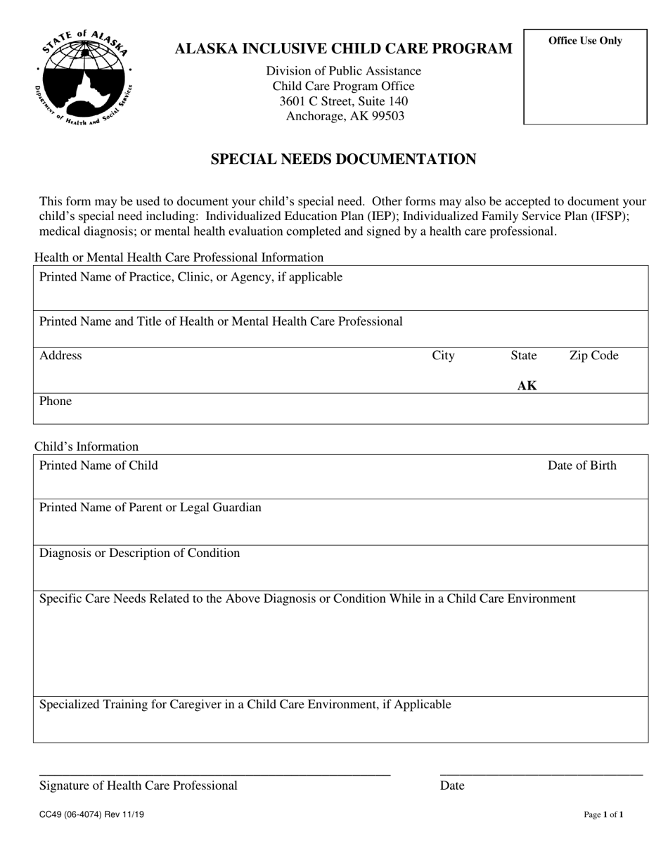 Form CC49 Special Needs Documentation - Alaska, Page 1