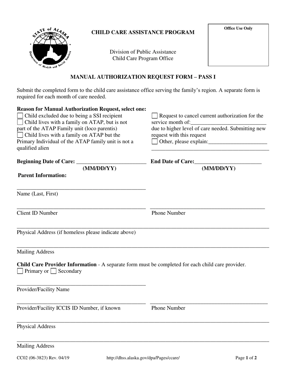 Form CC02 Manual Authorization Request Form - Pass I - Alaska, Page 1