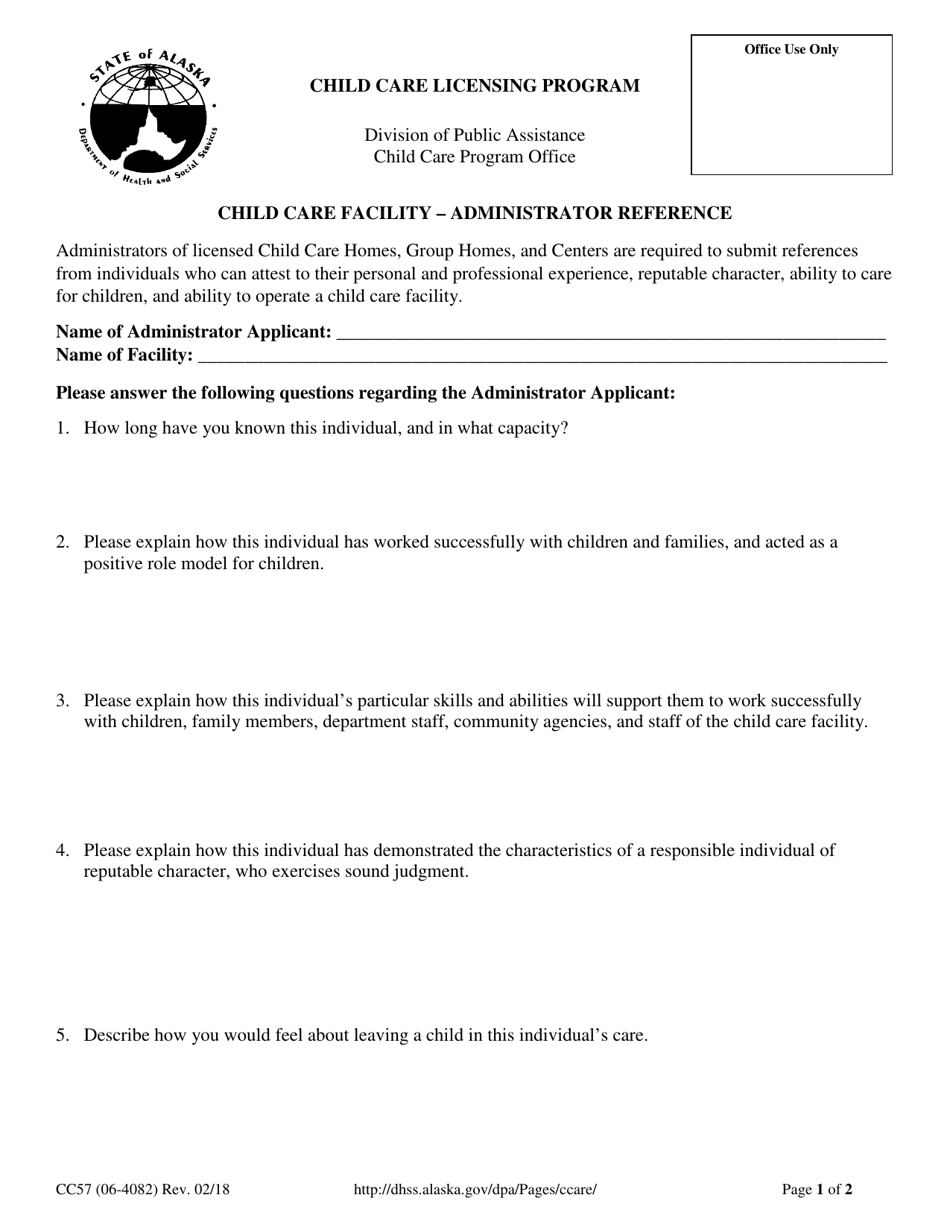 Form CC57 Child Care Facility - Administrator Reference - Alaska, Page 1