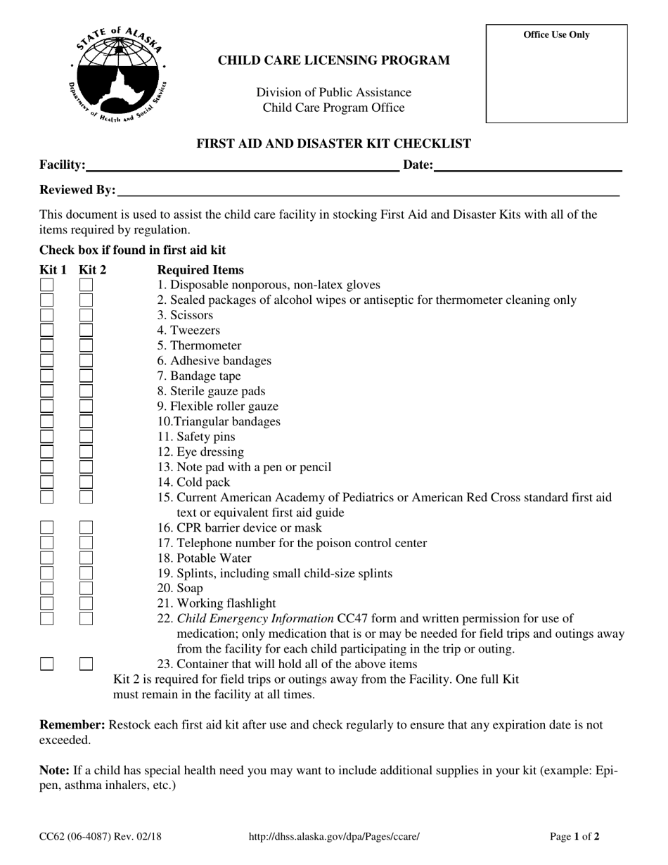 Form CC62 First Aid and Disaster Kit Checklist - Alaska, Page 1