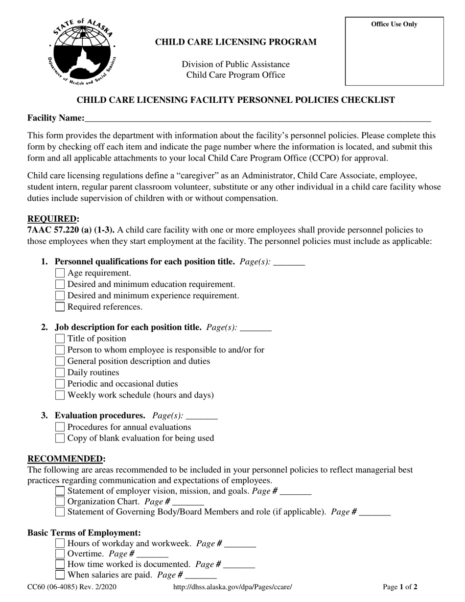 Form CC60 Child Care Facility Personnel Policies Checklist - Alaska, Page 1