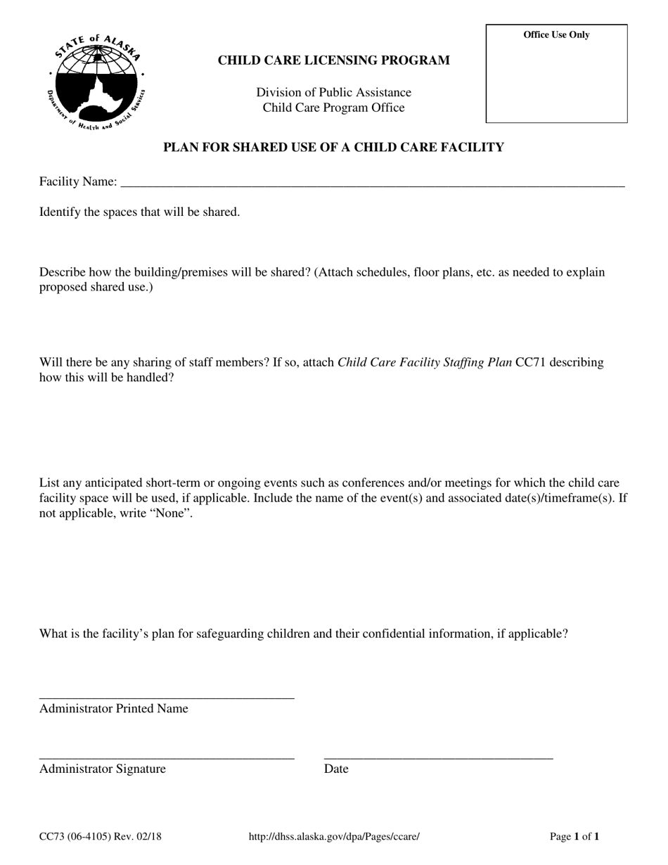 Form CC73 Plan for Shared Use of a Child Care Facility - Alaska, Page 1