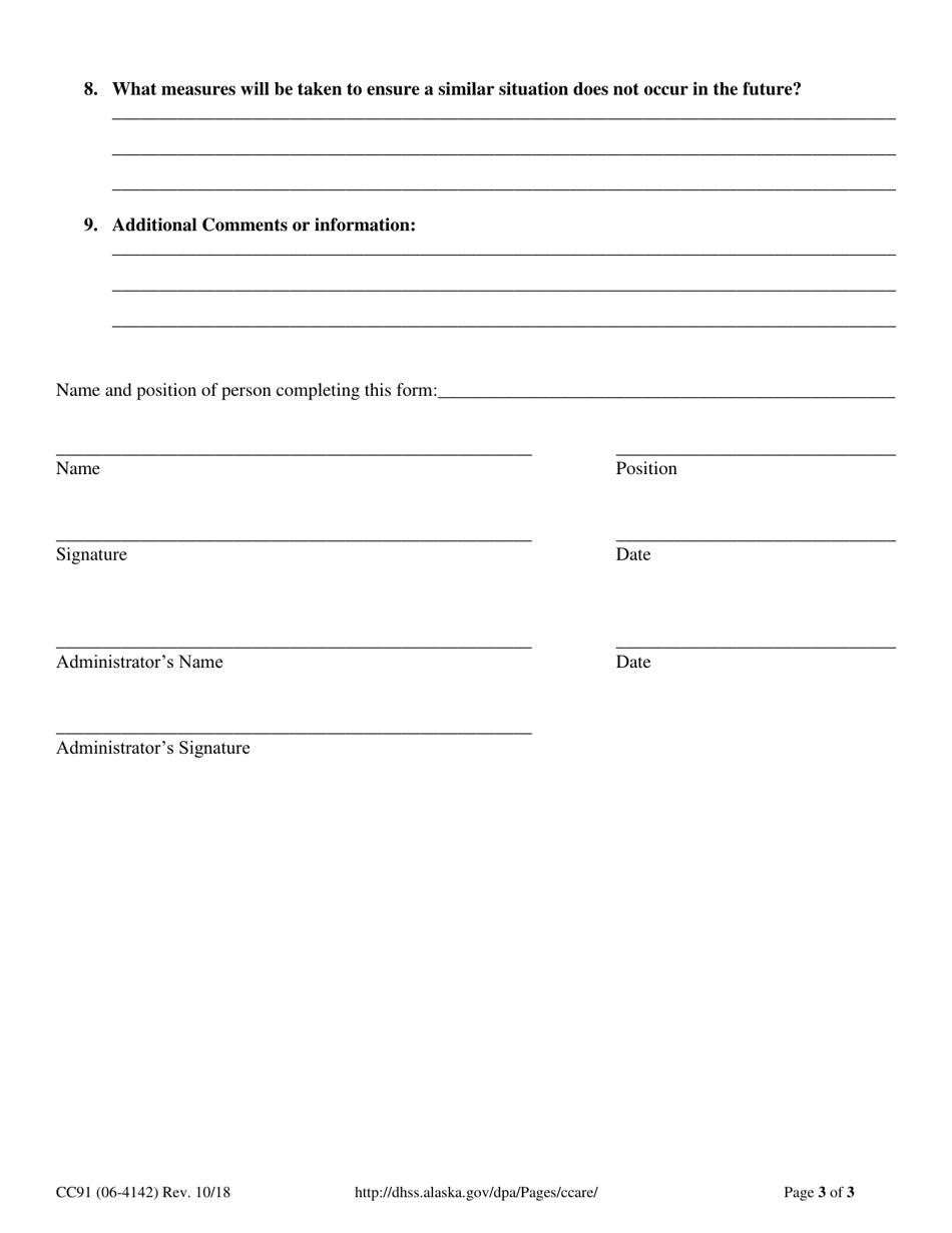 Form CC91 Child Injury / Illness / Incident Report - Alaska, Page 3
