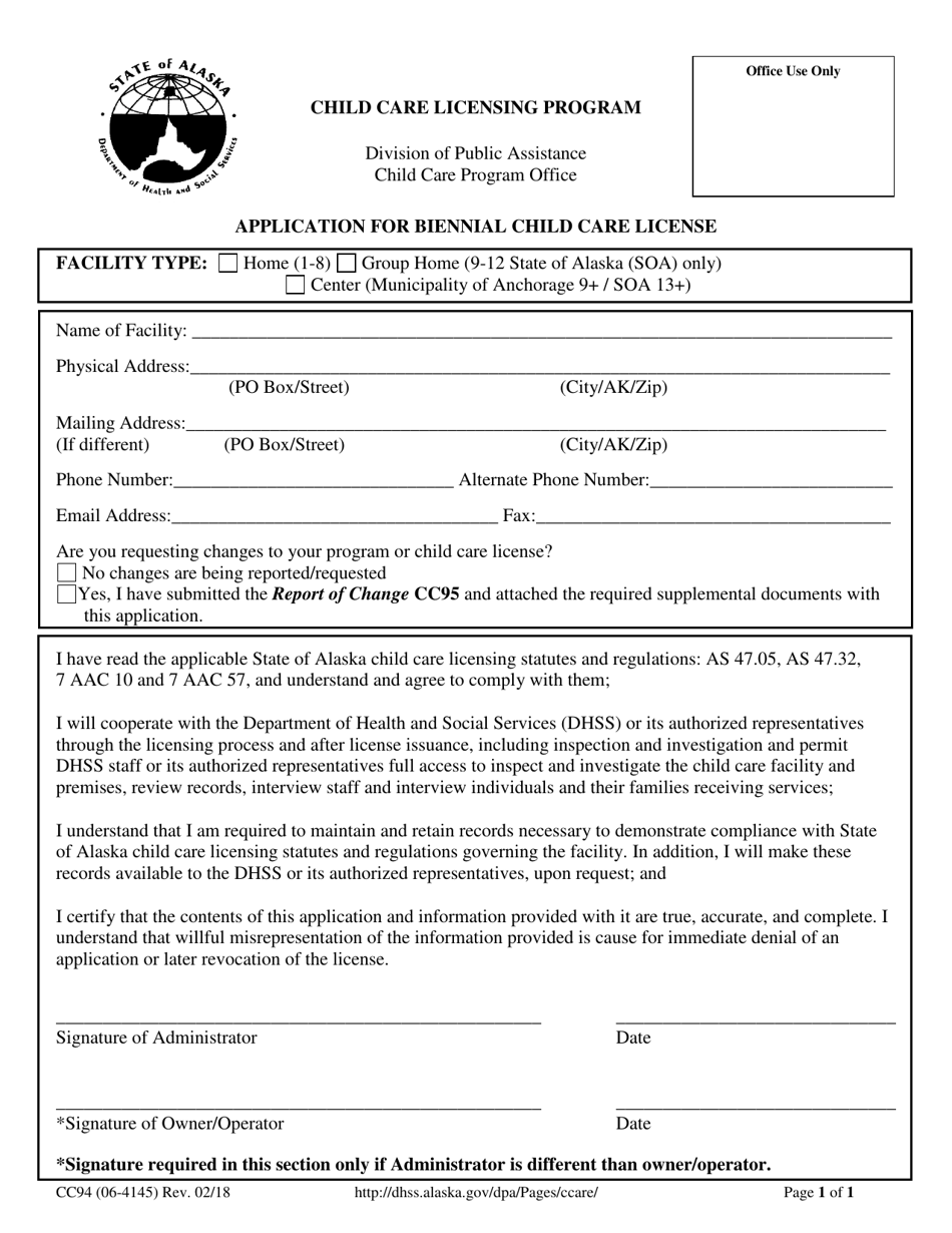 Form CC94 Application for Biennial Child Care License - Alaska, Page 1