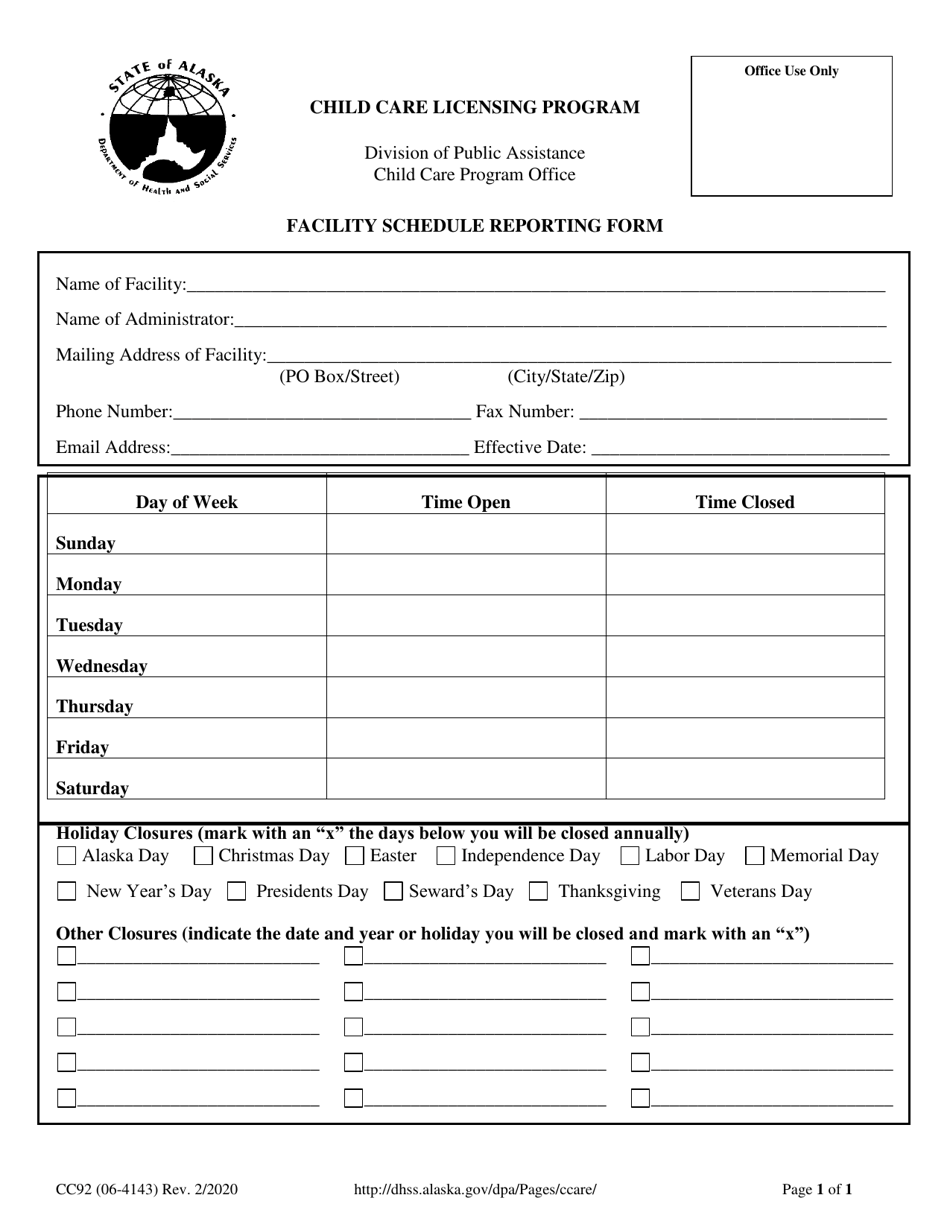 Form CC92 Facility Schedule Reporting Form - Alaska, Page 1