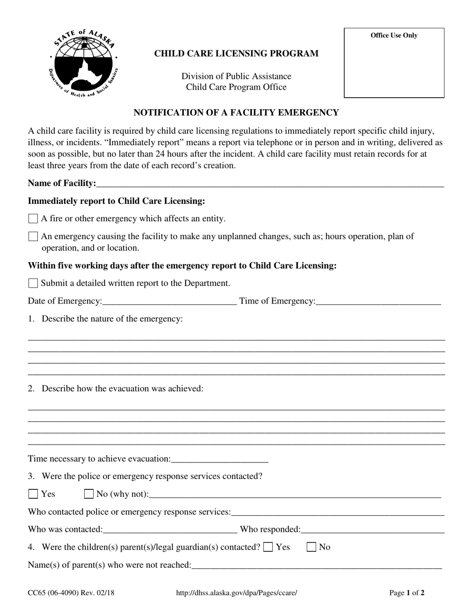 Form CC65 Notification of a Facility Emergency - Alaska, Page 1