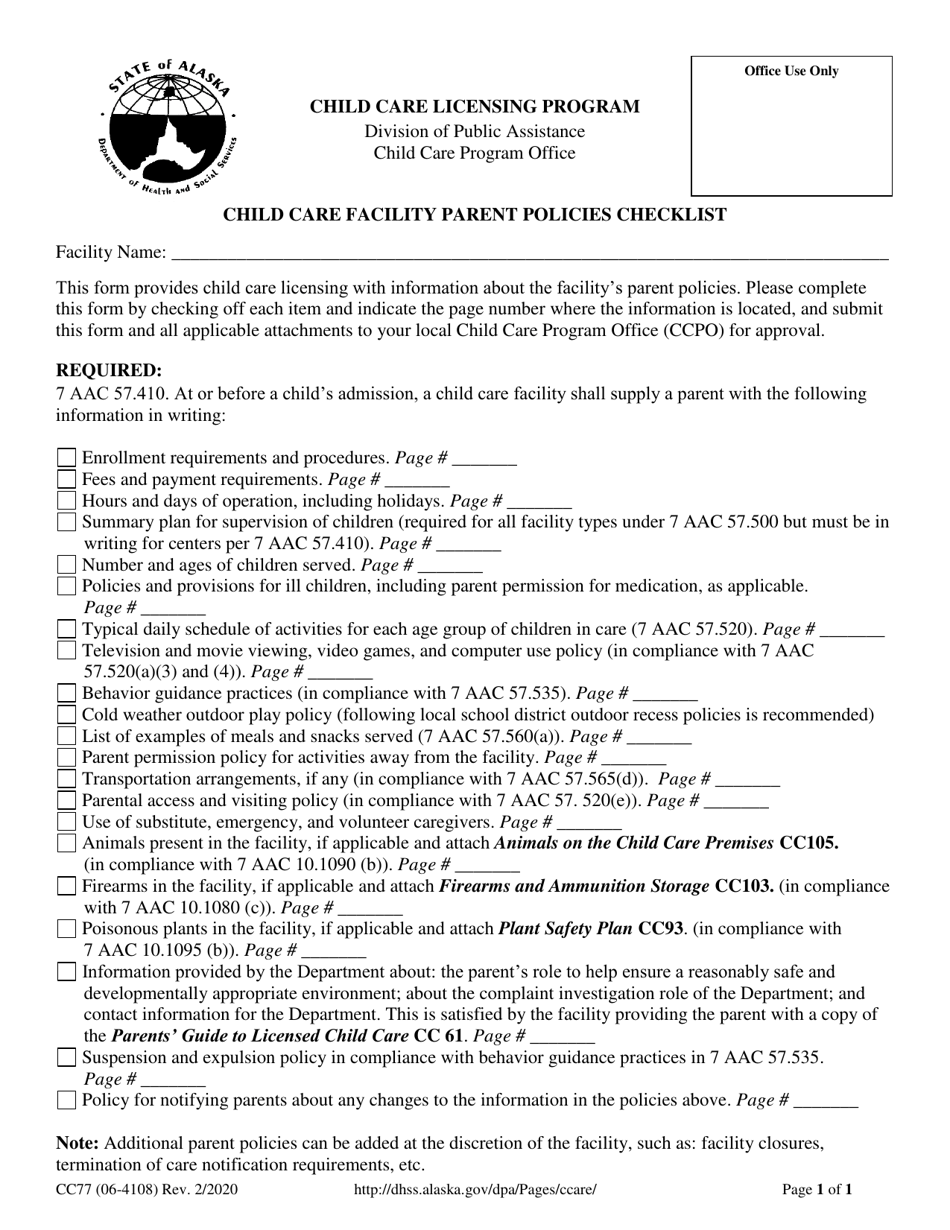 Form CC77 Child Care Facility Parent Policies Checklist - Alaska, Page 1