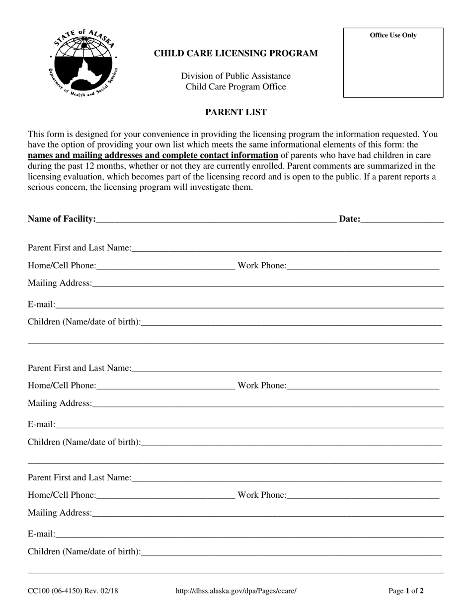 Form CC100 Parent List - Alaska, Page 1
