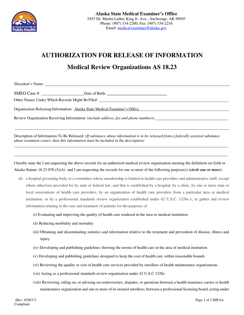 Authorization for Release of Information - Alaska, Page 1