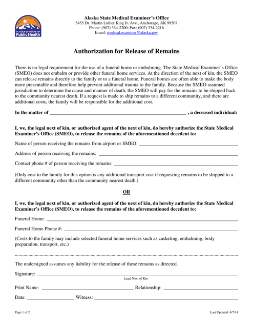 Authorization for Release of Remains - Alaska Download Pdf
