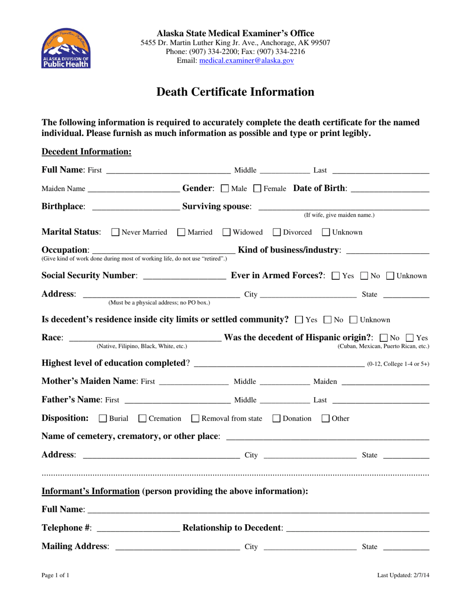 Death Certificate Information - Alaska, Page 1