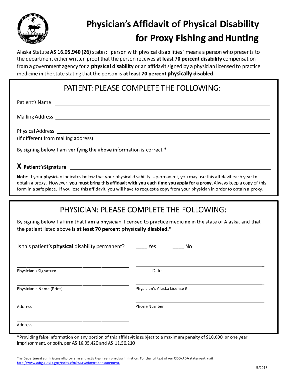 Alaska Physician's Affidavit of Physical Disability for Proxy Fishing and Hunting Fill Out