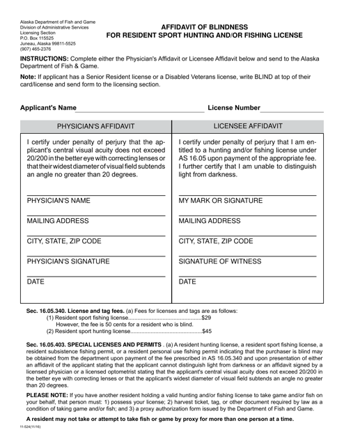 Form 11-524 Affidavit of Blindness for Resident Sport Hunting and/or Fishing License - Alaska