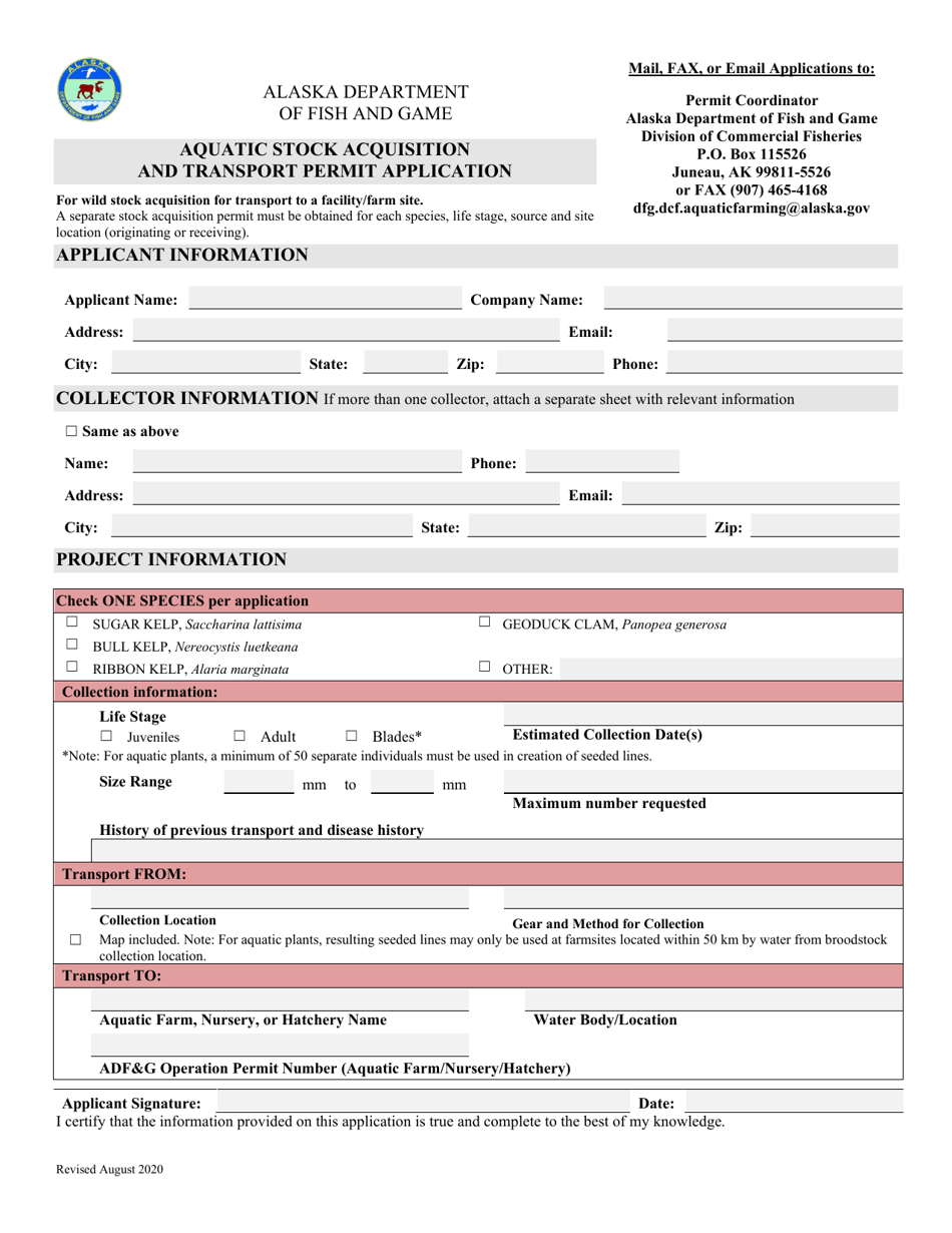 Aquatic Stock Acquisition and Transport Permit Application - Alaska, Page 1