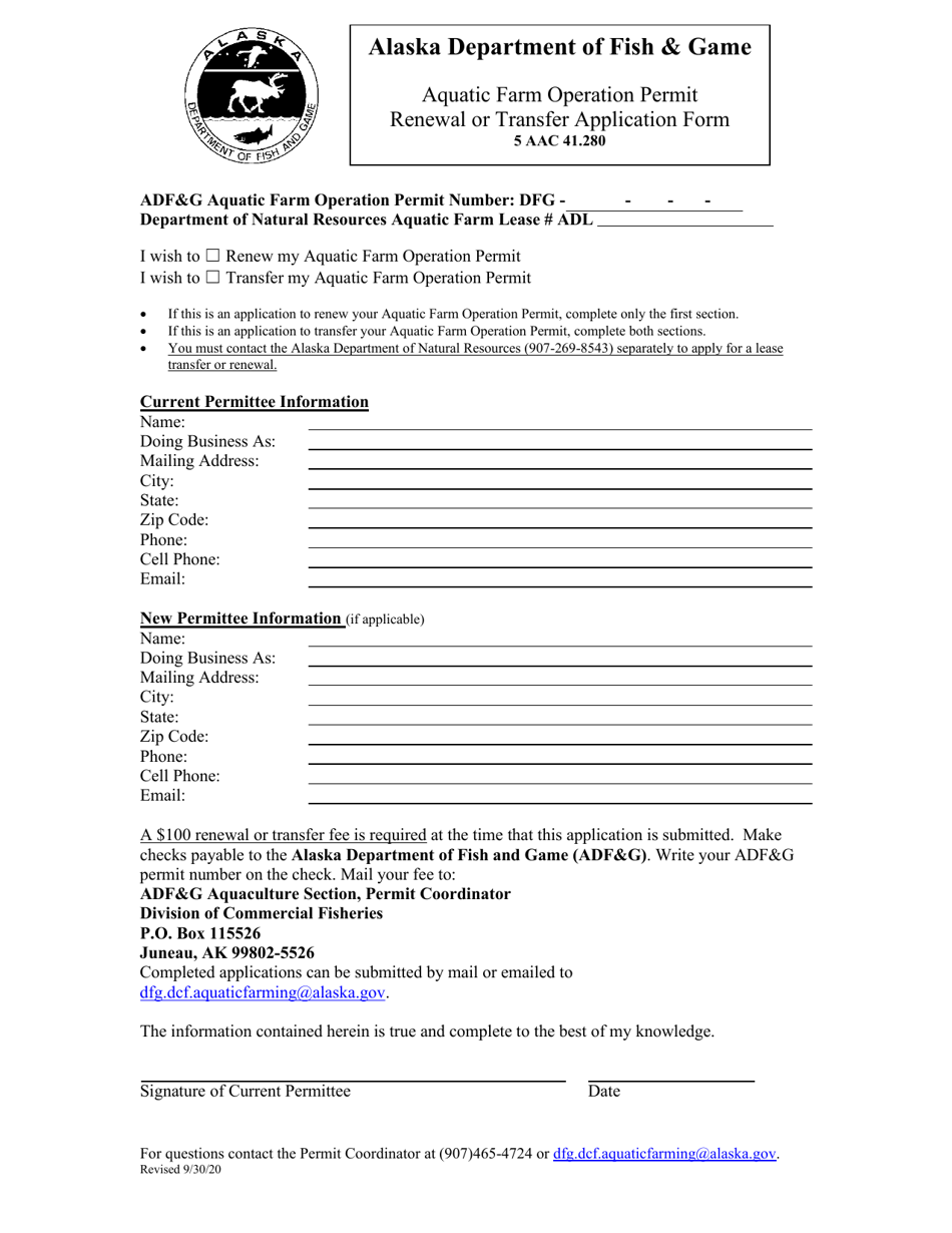 Aquatic Farm Operation Permit Renewal or Transfer Application Form - Alaska, Page 1