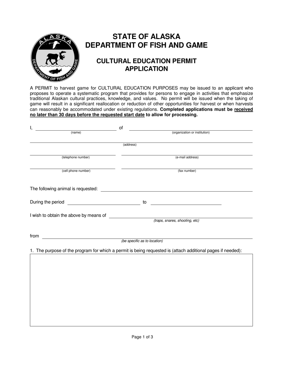 Cultural Education Permit Application - Alaska, Page 1