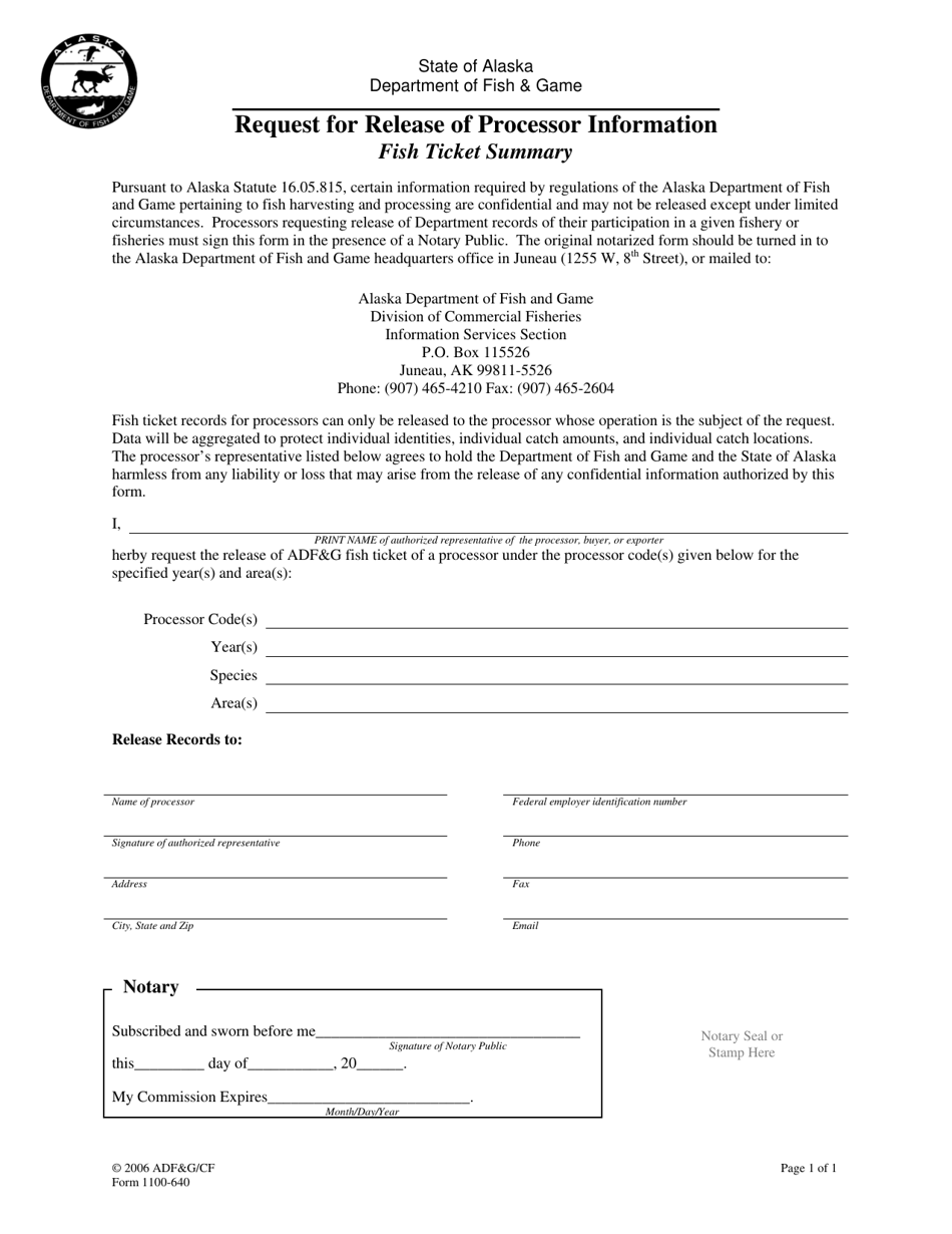 Form 1100-640 Request for Release of Processor Information - Fish Ticket Summary - Alaska, Page 1