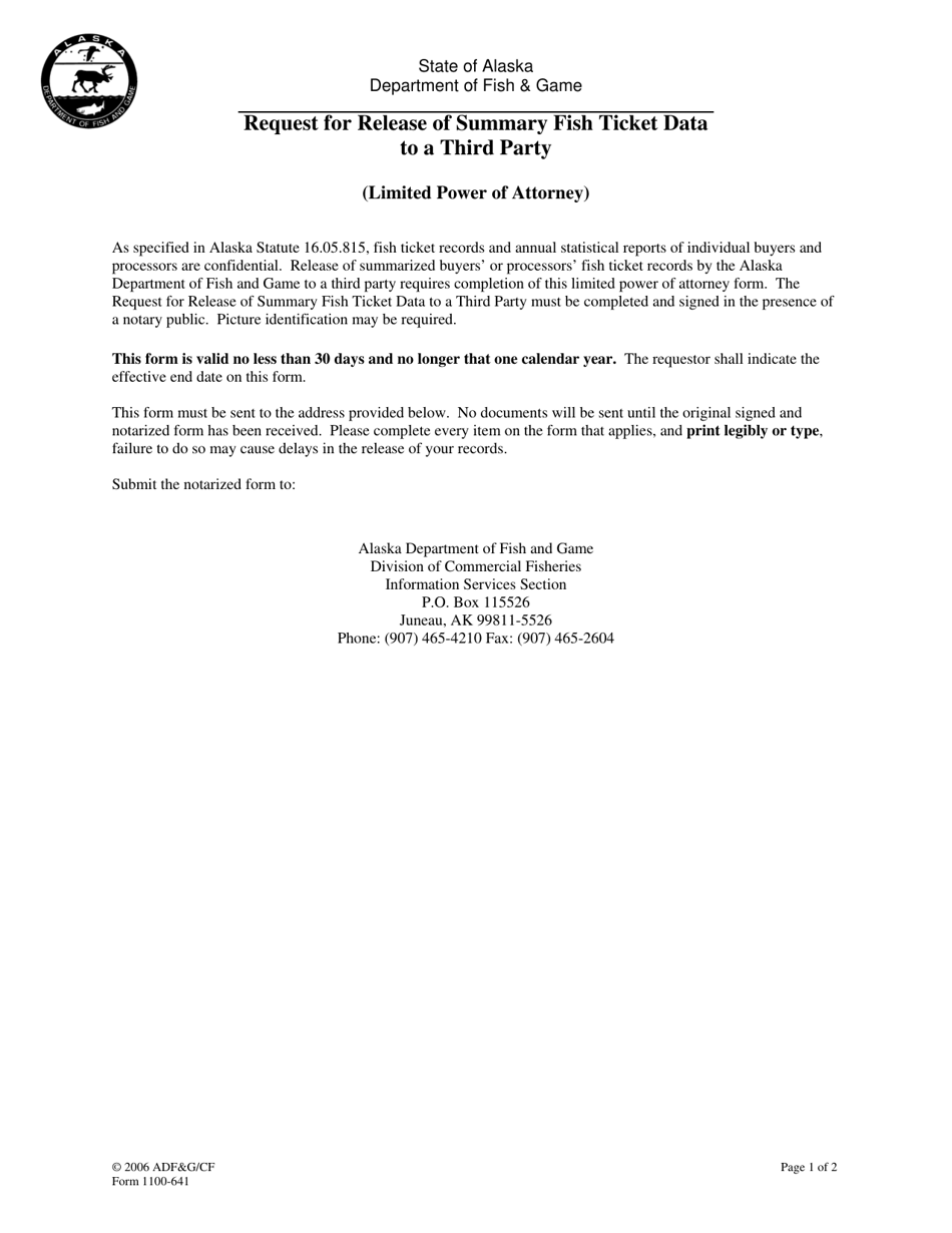 Form 1100-641 Request for Release of Summary Fish Ticket Data to a Third Party (Limited Power of Attorney) - Alaska, Page 1