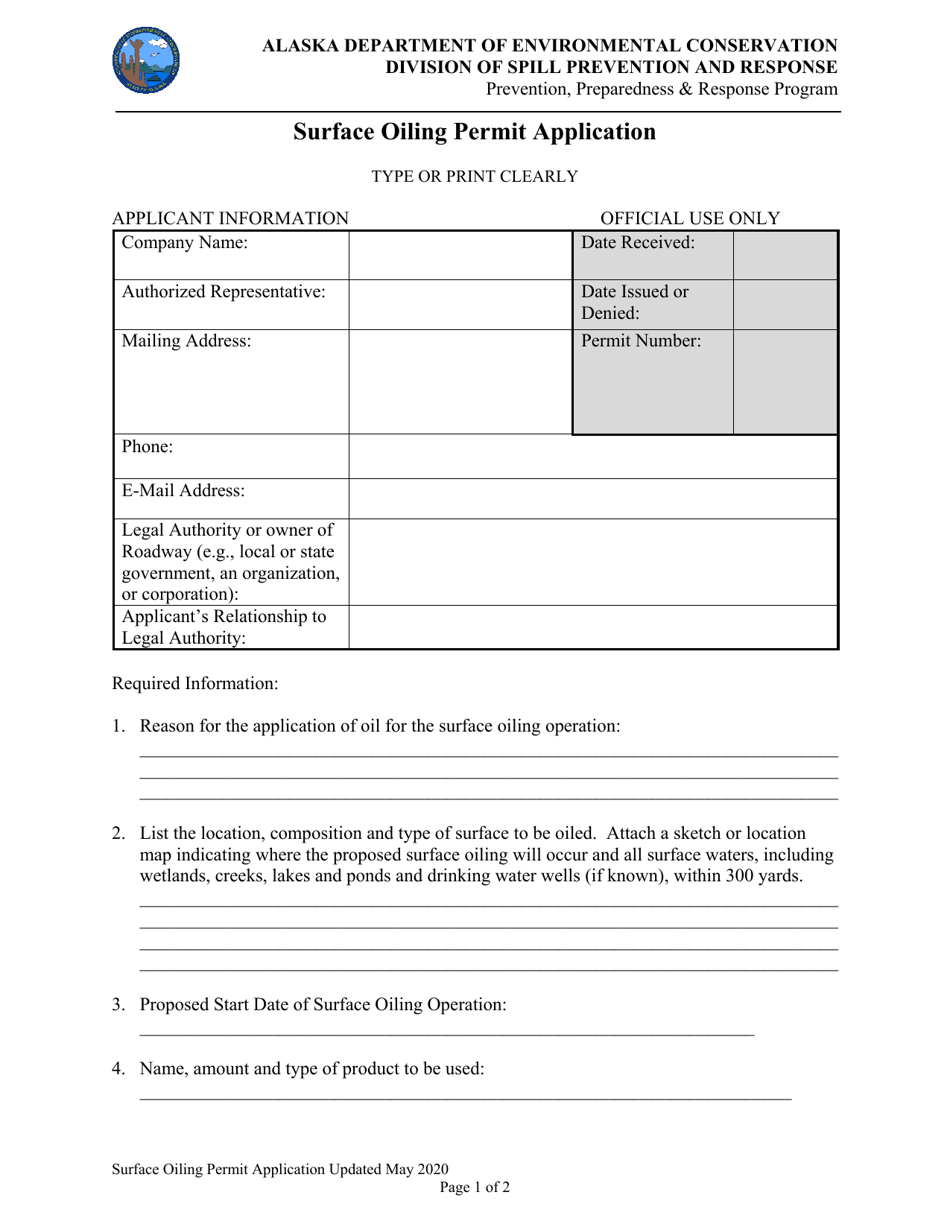 Surface Oiling Permit Application - Alaska, Page 1